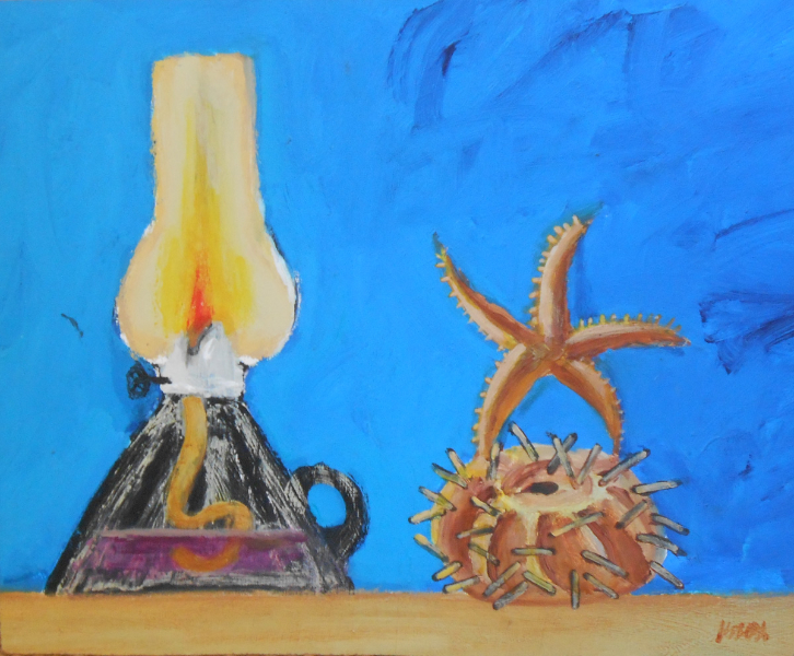 Lamp, starfish & sea urchin still life