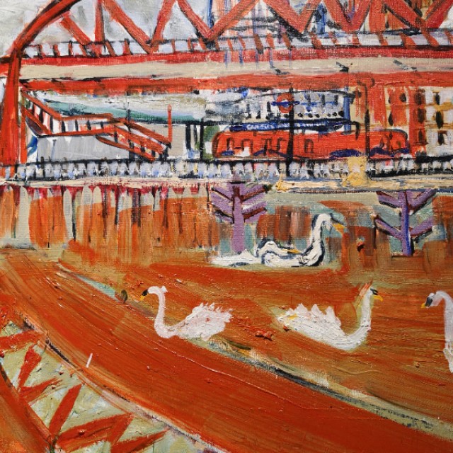 Swans under red foot bridge, Canning Town Station