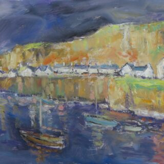 Boat in a harbour with hills