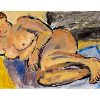 Nude figure reclining by a fire place