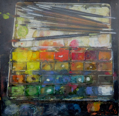 the artist's paint box and brushes