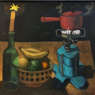 a wine bottle wit a lit candle in it, a still life fruit bowl and a camping stove with a steaming pot on top