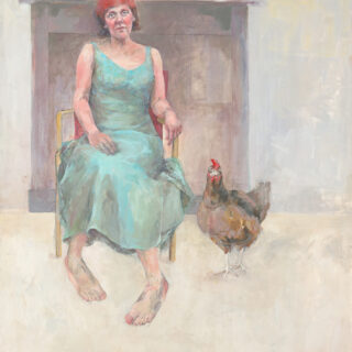 Figure in a blue dress and red headdress sits on a chair by a fireplace with a hen beside them