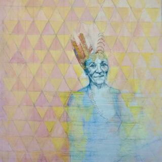 Figure with a headdress on against a patterned background