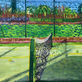 green lawn with a tennis net and the sun shining onto the ground