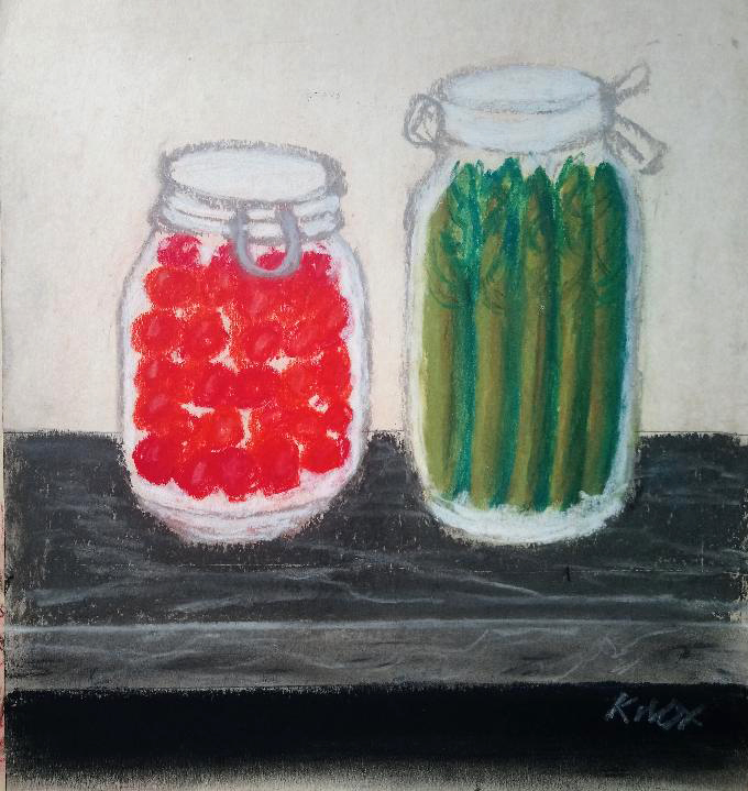 two preservation jars: one with cherries, the other with asparagus