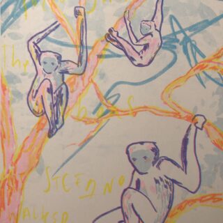 colourful drawing of monkeys hanging from tress on pink paper