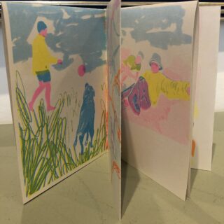 various colourful drawings of people and gibbons