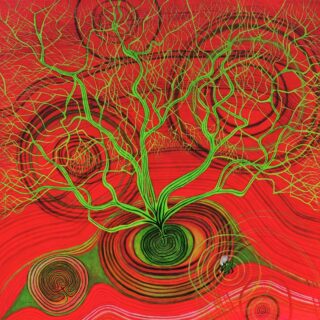 green tree with red swirling background