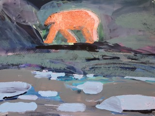 orange polar bear walking over rocks