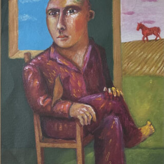 man sitting on a chair with a horse in the distance