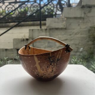 golden orange earth bowl with driftwood handle