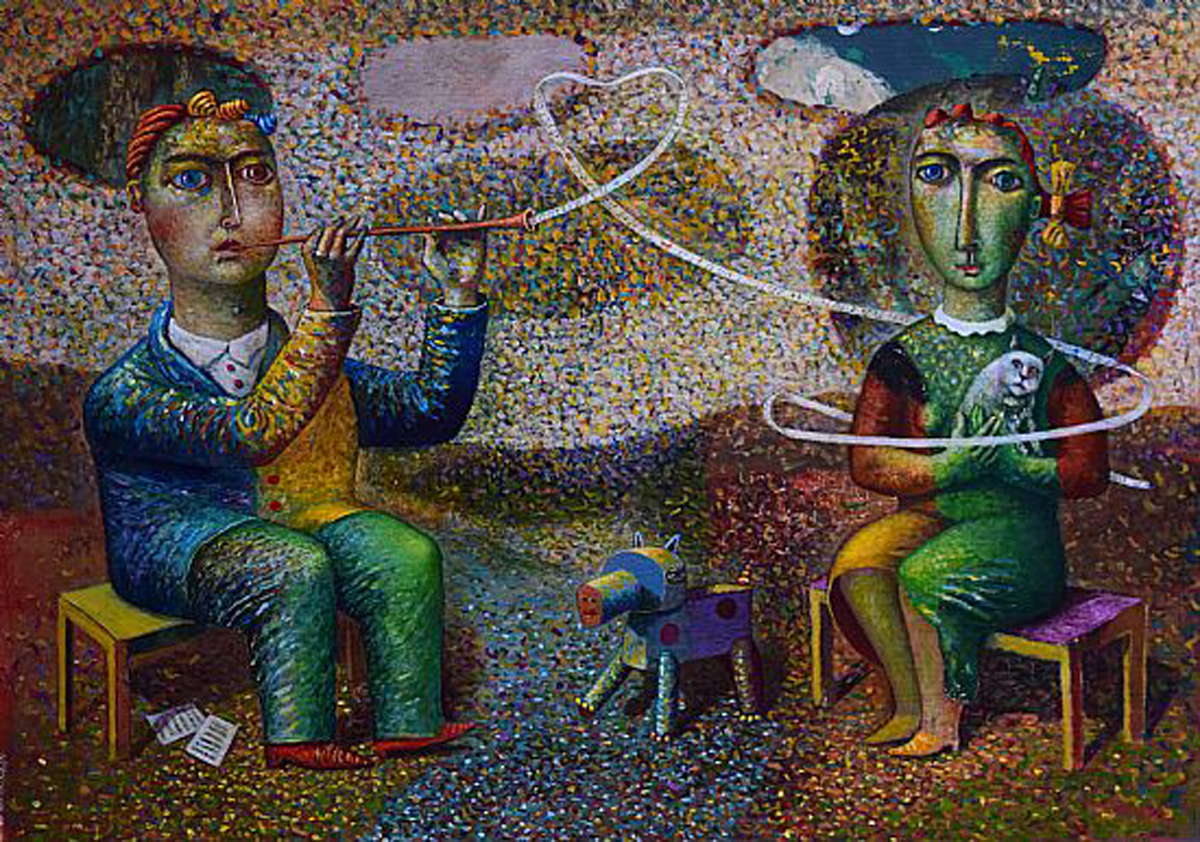 two figures sat one playing a pipe nother holding a cat, with a dog between them
