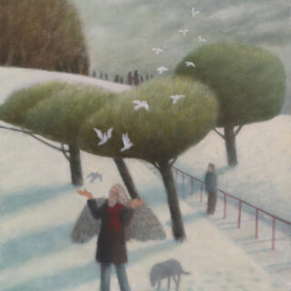 man in snowy park with birds and dog