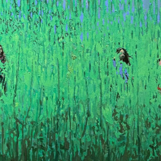 Figures walking through a field of tall grasses