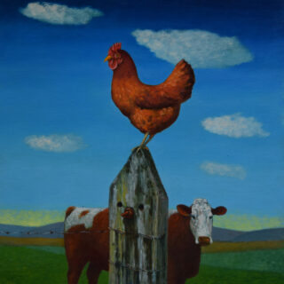 chicken perched on post with cow in background