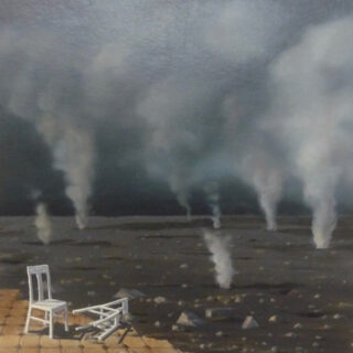 two white chairs in a volcanic landscape
